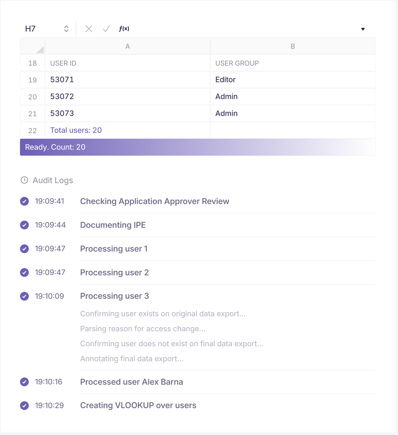 Andera control testing workpaper: a spreadsheet of user access paired with a live audit log